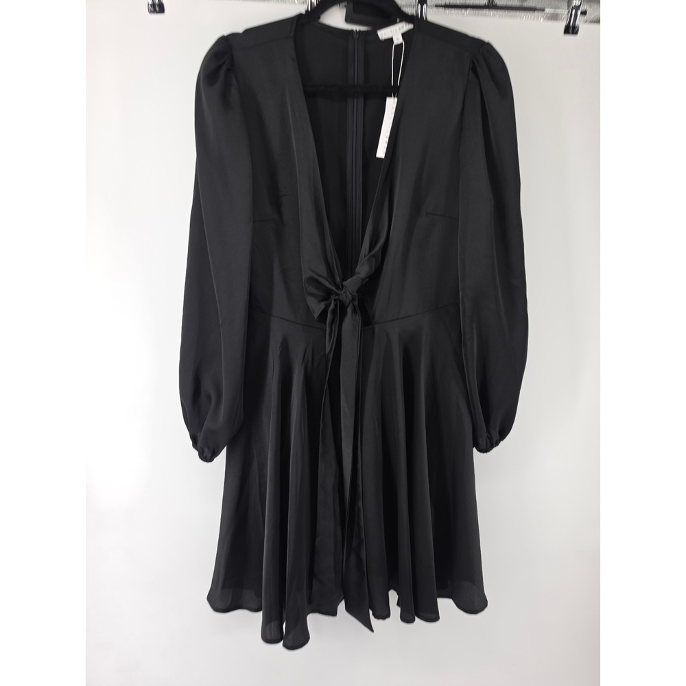 Baltic Born Woodbury Satin Mini Dress Black Long Sleeve Tie Front XL NEW